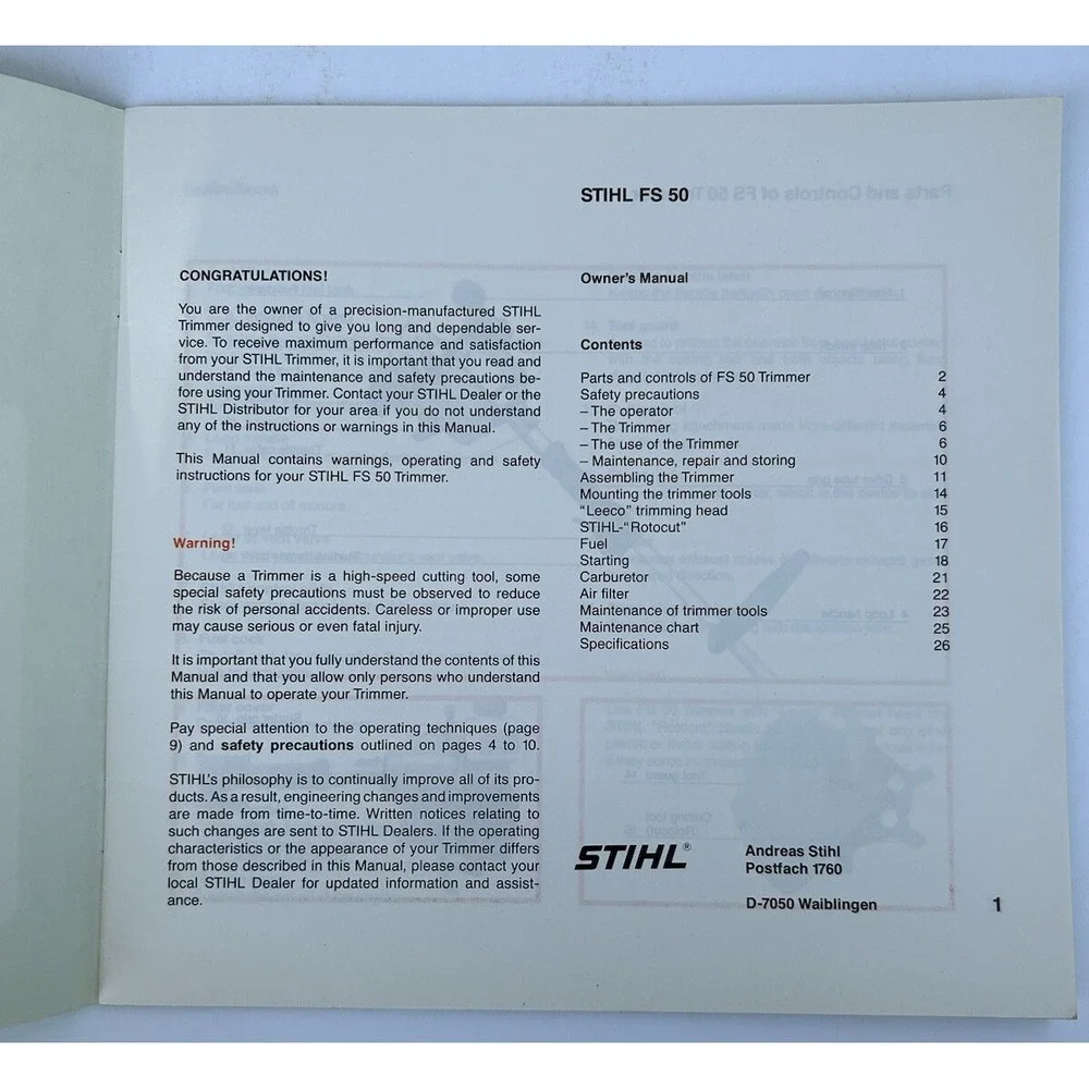 Stihl FS 50 WeedEater WeedWhacker Instruction‎ Owner's Operator Manual